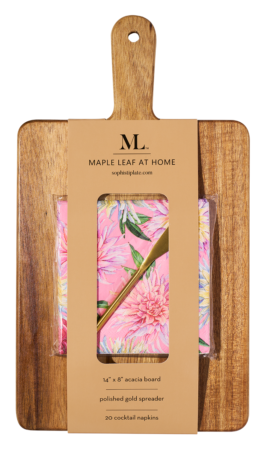 Acacia Wood Board With Gold Spreader and Dahlia Cocktail Napkins