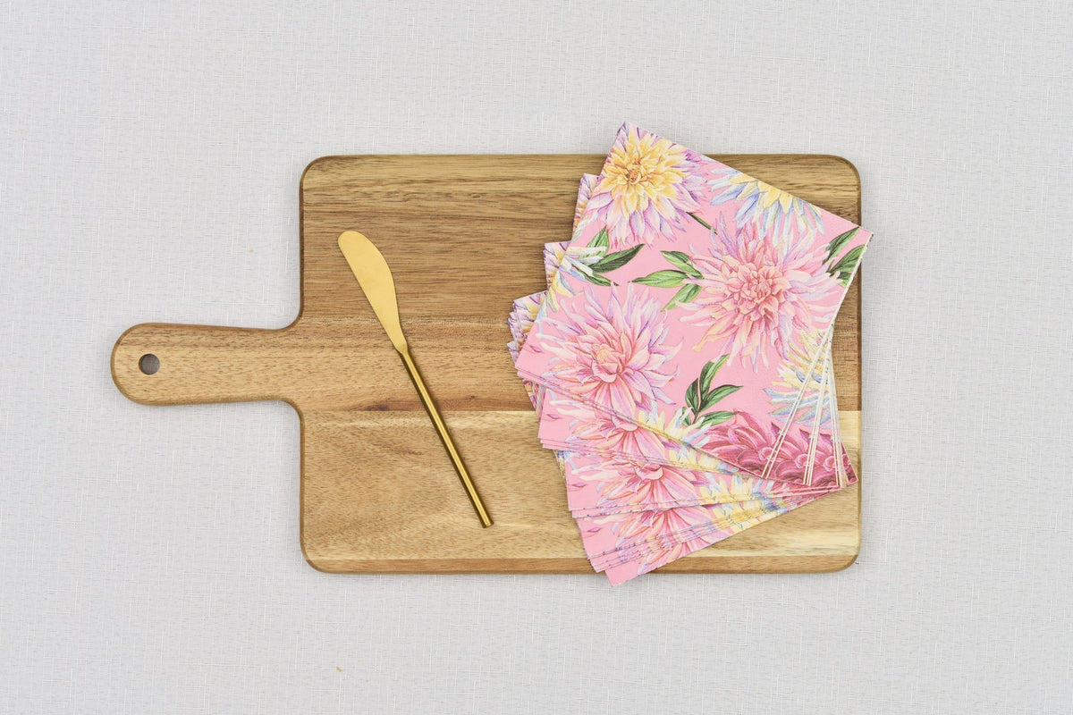 Acacia Wood Board With Gold Spreader and Dahlia Cocktail Napkins