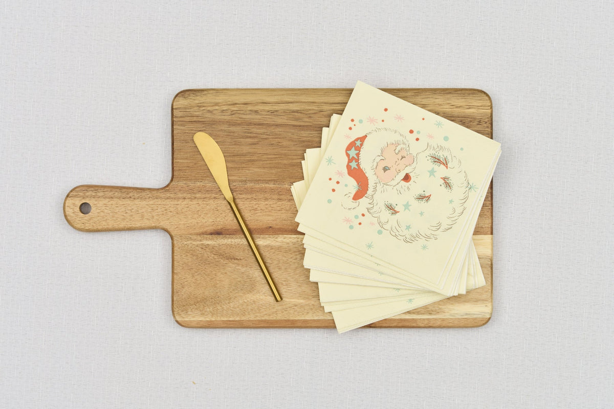 Vintage Santa Gift Set: Acacia Wood Handle Board with Gold Spreader and Vintage Santa Cocktail Napkins