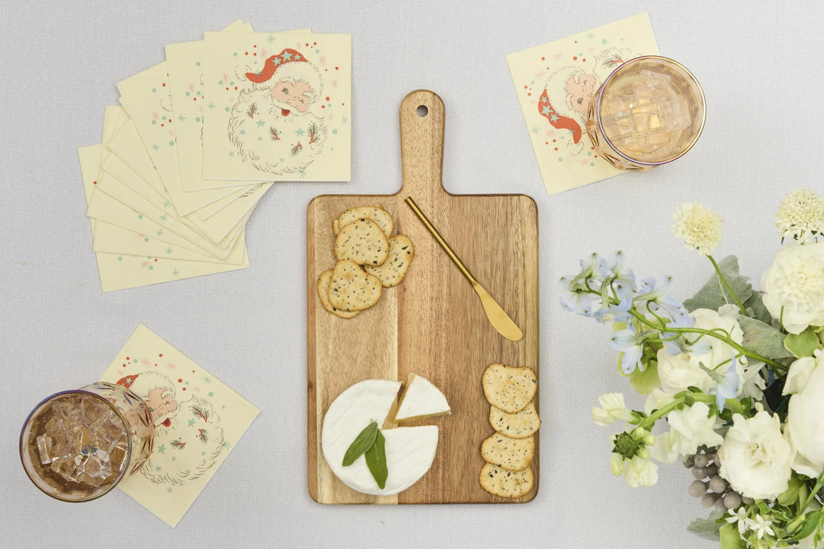 Vintage Santa Gift Set: Acacia Wood Handle Board with Gold Spreader and Vintage Santa Cocktail Napkins