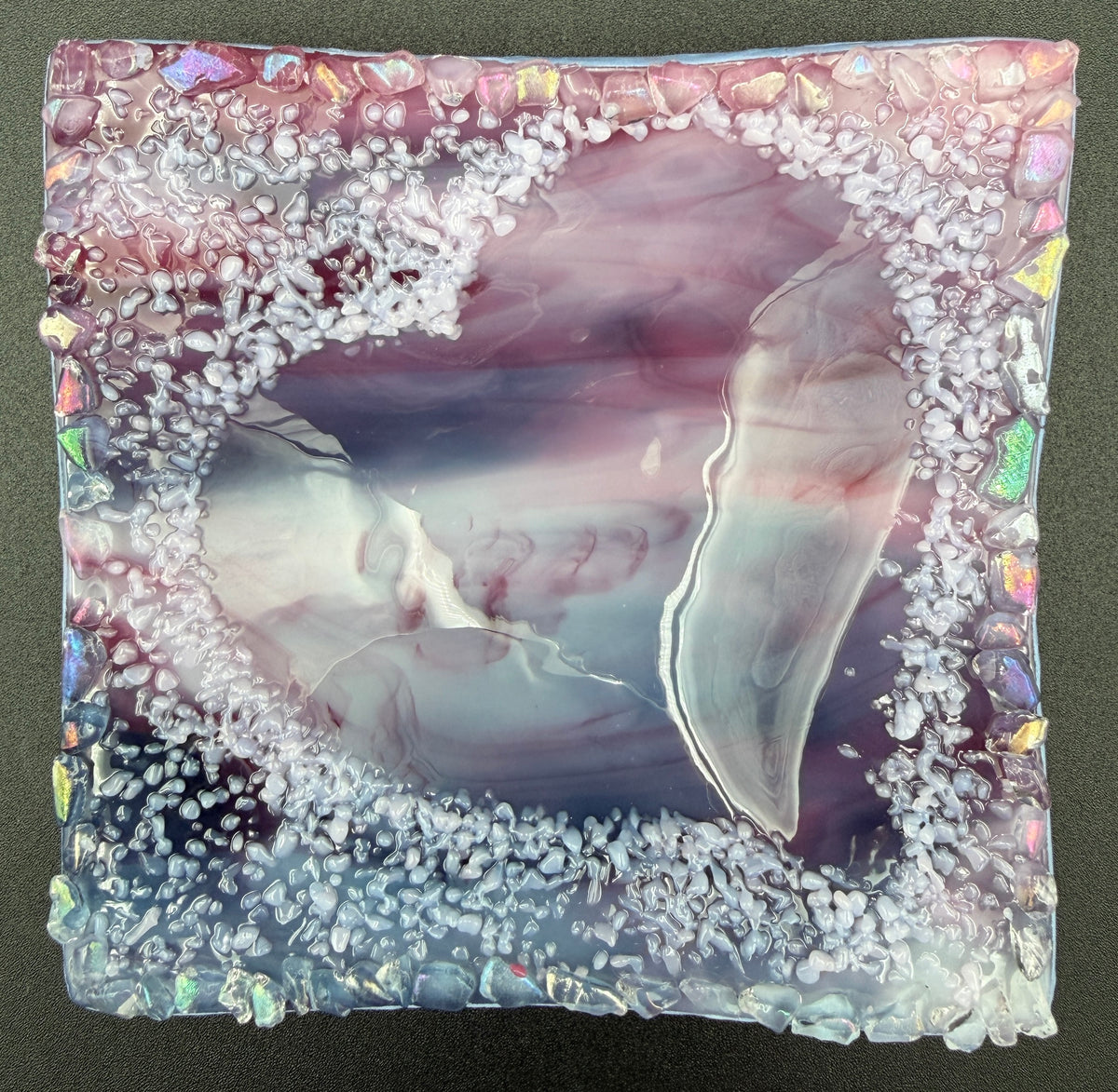 Square Fused Glass Heart Trinket Dish — Streaky Pink with White Frit and Iridescent Frit Border