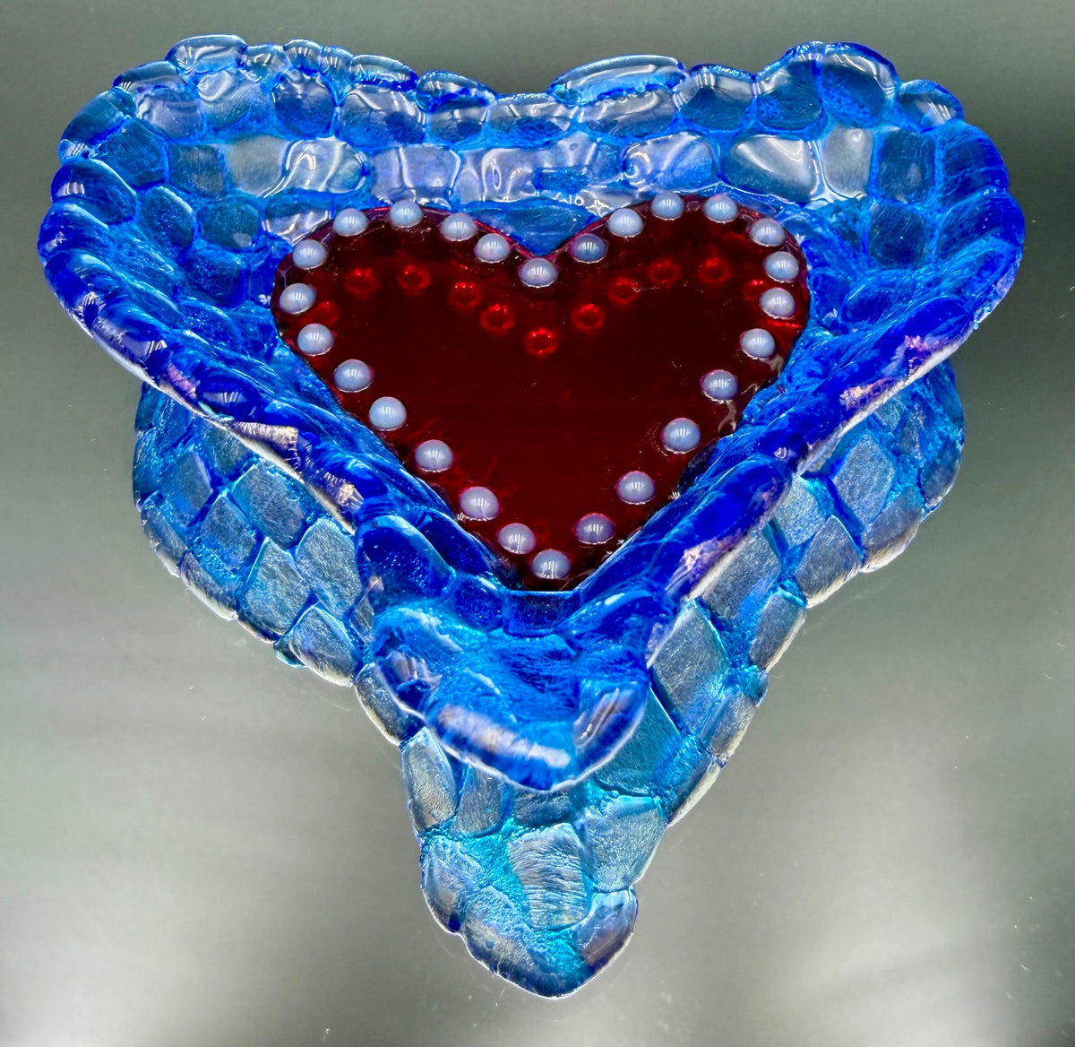Heart-Shaped Fused Glass Trinket Dish — Sky Blue Mosiac with Red Heart Center