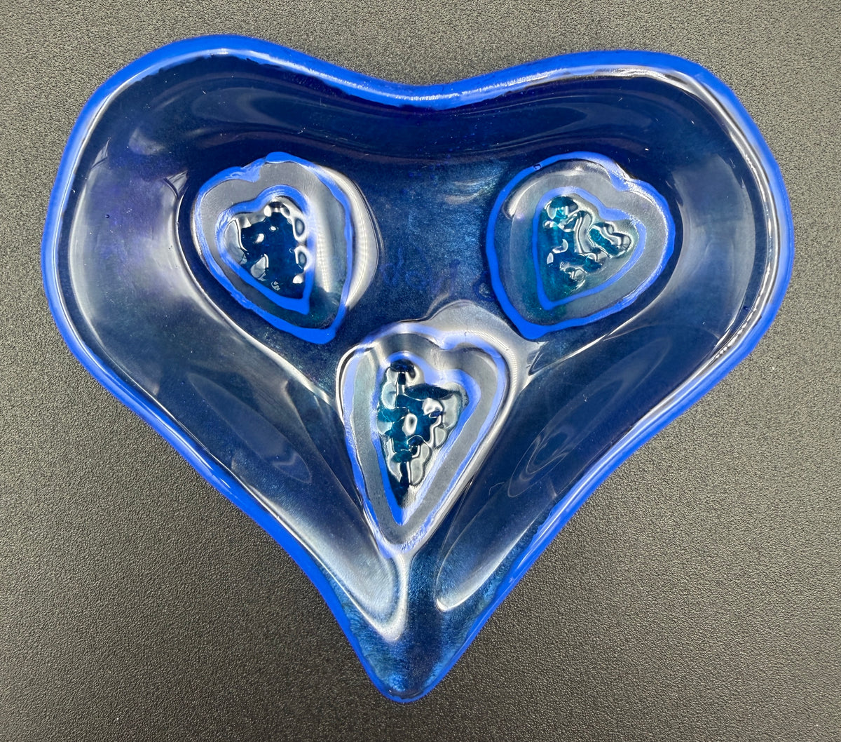 Heart-Shaped Fused Glass Trinket Dish — Blue Rimmed with Turquoise Hearts