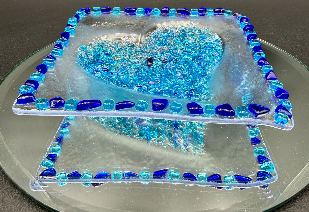 Square Fused Glass Heart Trinket Dish — Turquoise & Deep Royal Blue on Clear
