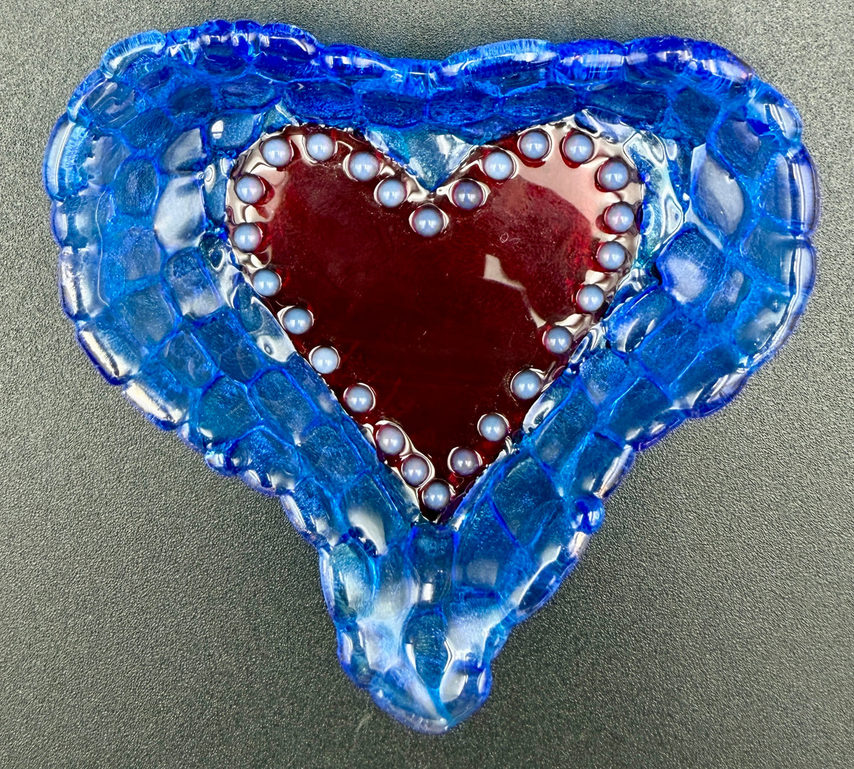 Heart-Shaped Fused Glass Trinket Dish — Sky Blue Mosiac with Red Heart Center