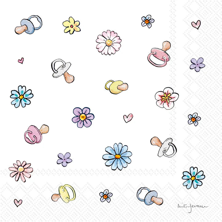Cocktail napkin design featuring pastel baby pacifiers, small flowers, and hearts in a playful scattered pattern.
