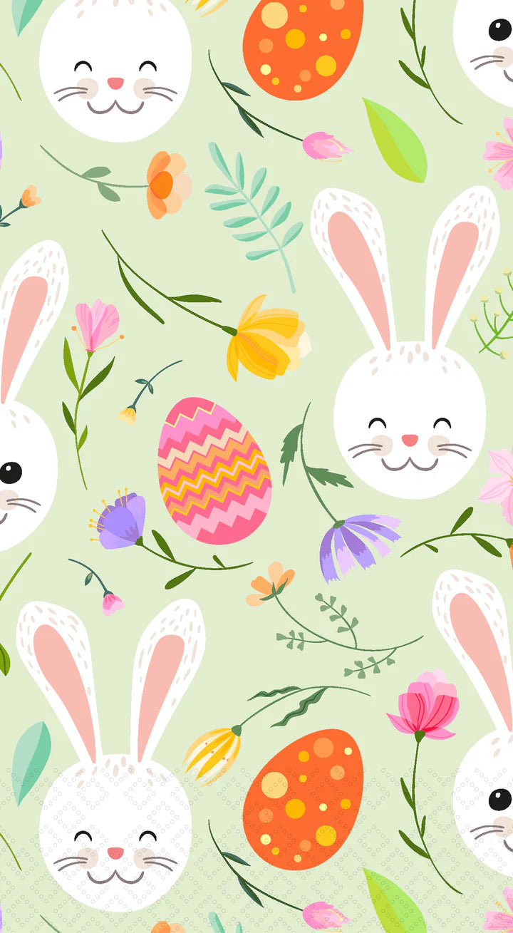 Paper guest towels showing a whimsical spring pattern of smiling bunny faces, zigzag and polka-dot Easter eggs, and small blossoms with leafy stems on light green.