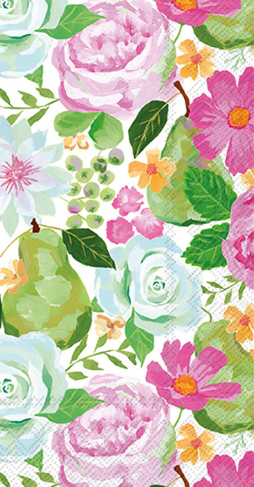 A vibrant guest towel featuring a watercolor print of green pears, pink roses, white flowers, and daisies on a light background.