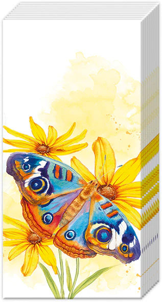 Garden Beauties Pocket Tissues featuring a vibrant watercolor design of a butterfly perched on bright yellow flowers, with a soft yellow watercolor background. The stack of pocket tissues showcases the elegant and nature-inspired artwork, ideal for on-the-go convenience.