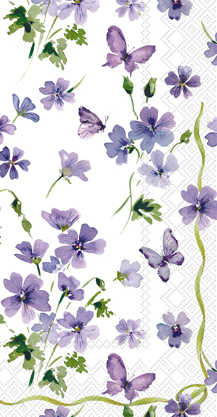 Pastel watercolor floral pattern with lavender flowers, fluttering butterflies, and leafy stems spread across a white textured background.