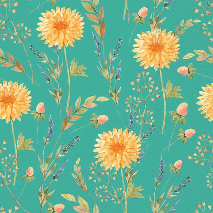 Yellow Flowers Green Cocktail Napkins