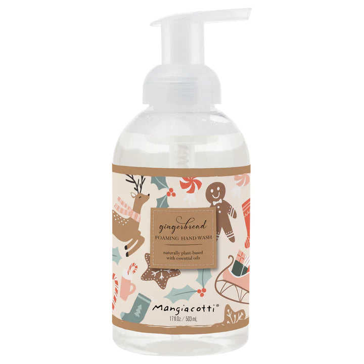 Clear bottle of Mangicotti Gingerbread Foaming Hand Wash with holiday-themed label featuring gingerbread, reindeer, and festive icons.