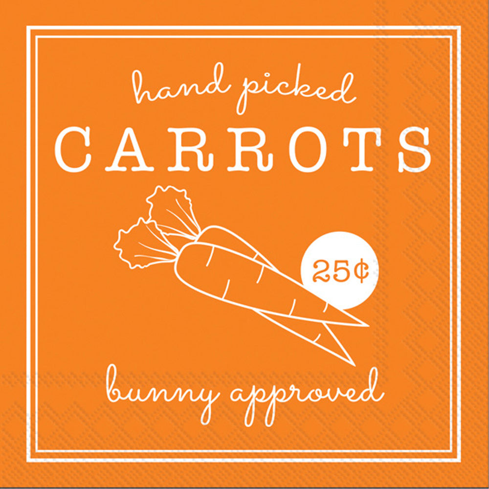 Packaging of Hand Picked Carrots cocktail napkins with a graphic of a carrot and a rabbit's head, indicating the product is approved by a bunny.