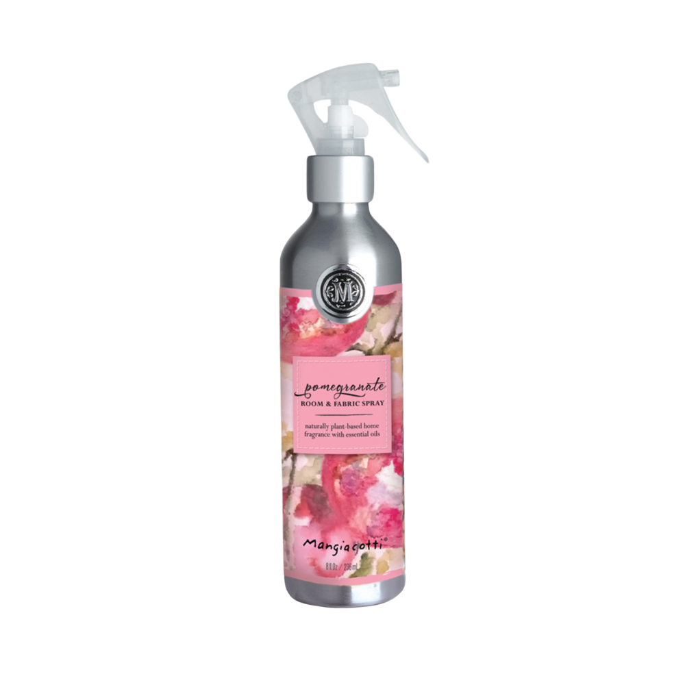Photo showing an 8 oz. spray bottle of Mangiacotti Pomegranate scented room and fabric spray
