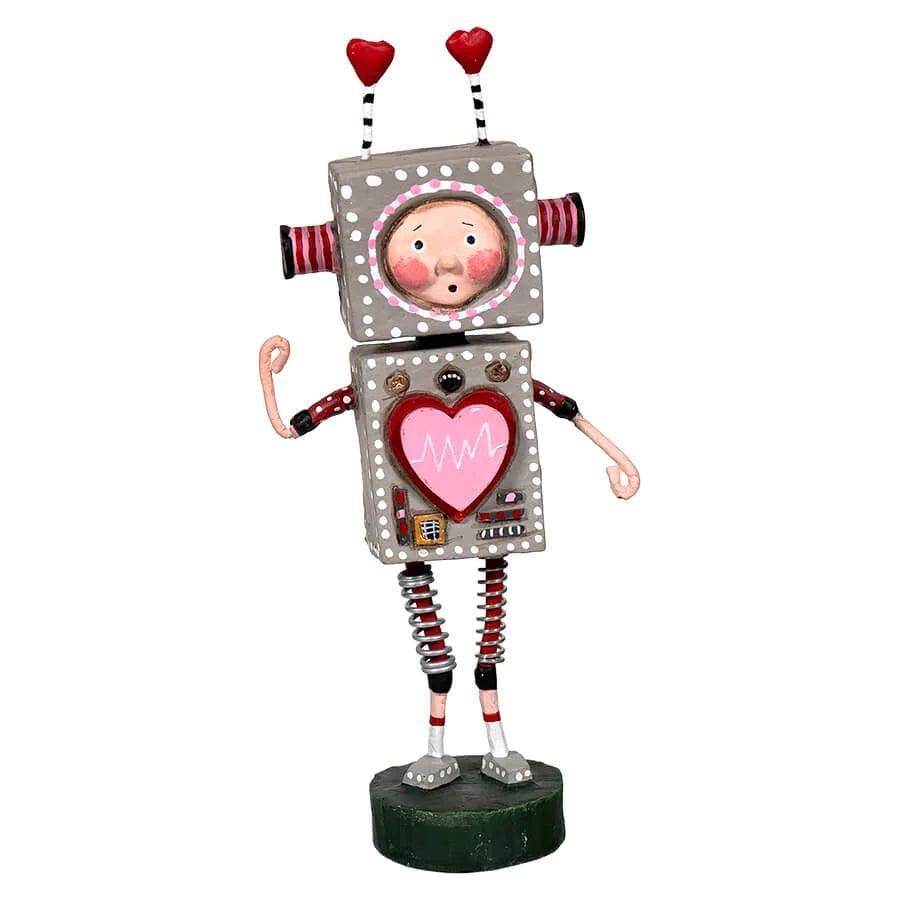 A whimsical resin figurine of a cartoon-style robot with a heart-shaped monitor for a head, standing on a round base.