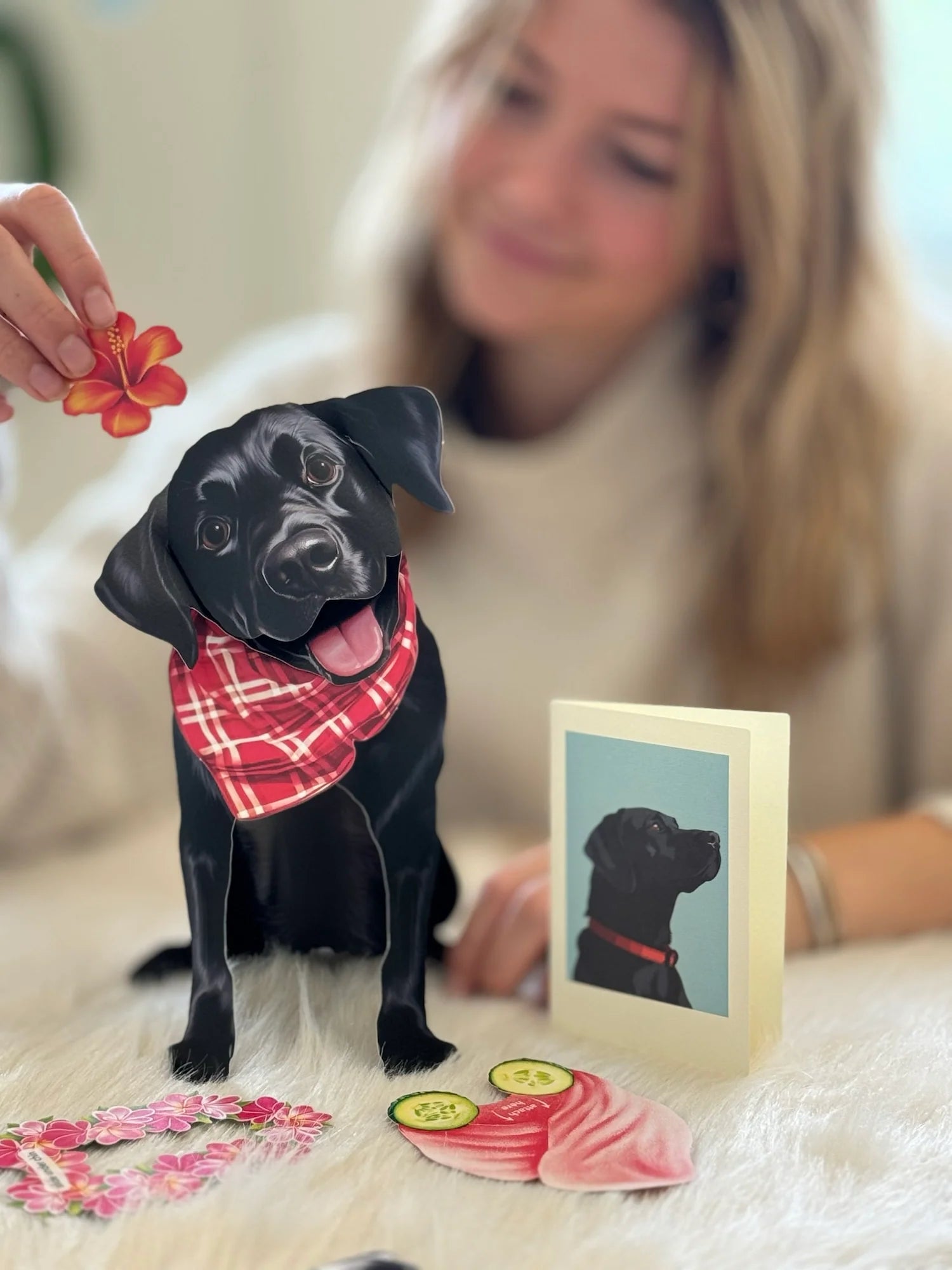 A photo of a three dimensional black lab crafted from heavy duty paper stock. A woman is shown in the background adding accessories to dress up the dog. Te image also highlights the coordinating blank notecard that is included.