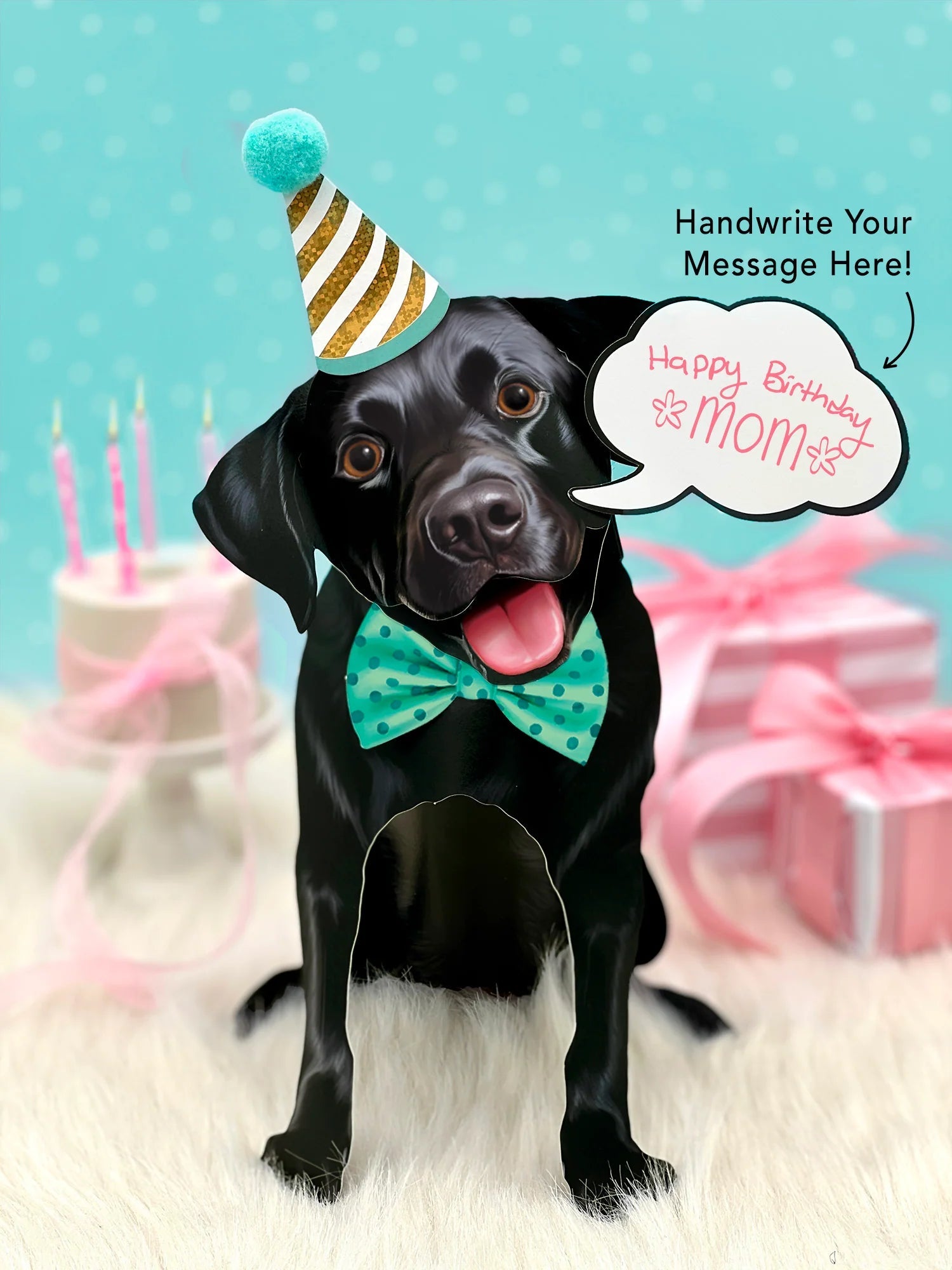A photo of a three dimensional black lab crafted from heavy duty paper stock. A woman is shown in the background adding accessories to dress up the dog. Te image also highlights the coordinating blank notecard that is included.