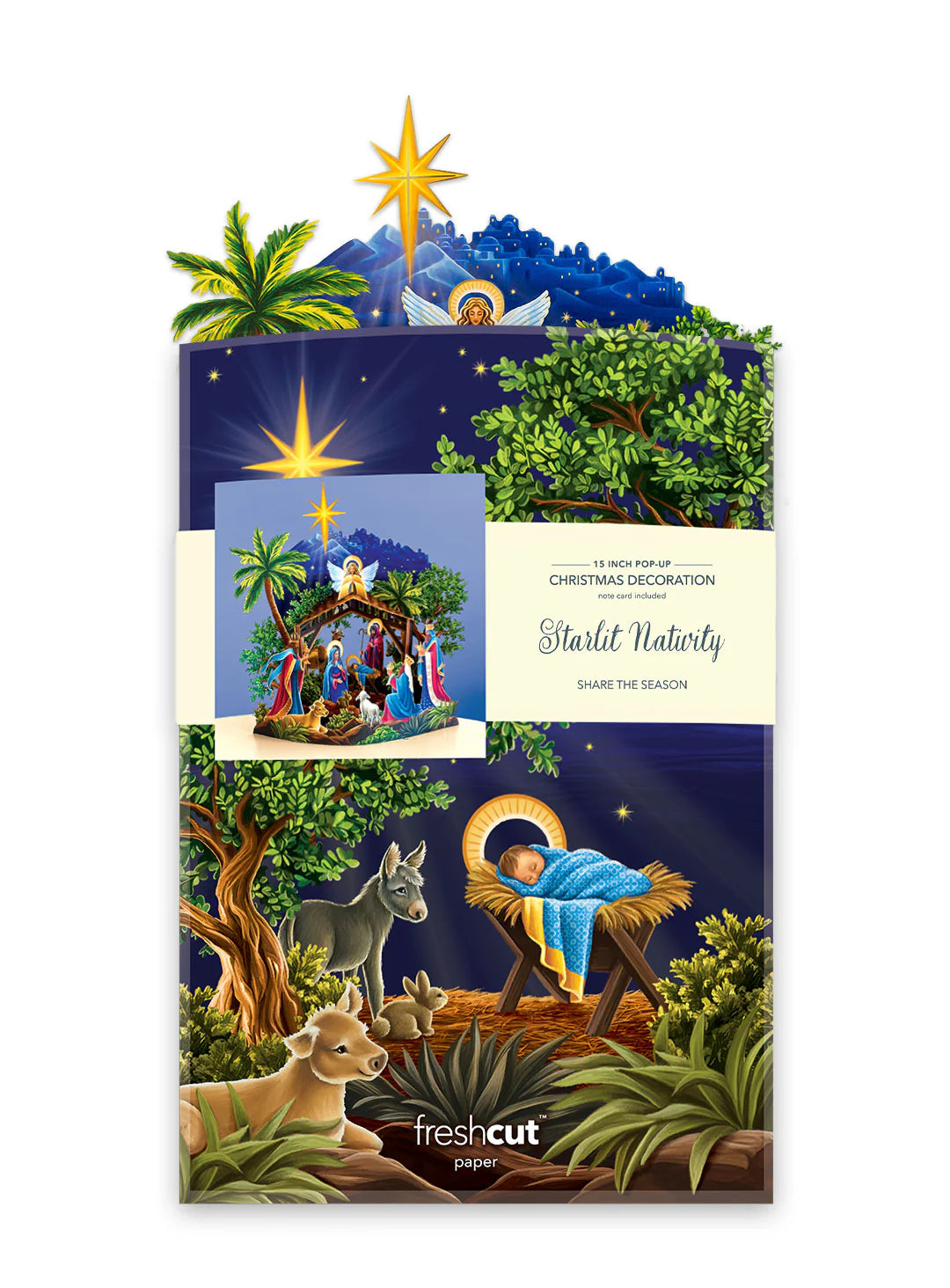Image shows the mailing envelope for the FreshCut Paper Starlit Nativity Pop-Up Christmas Decoration.