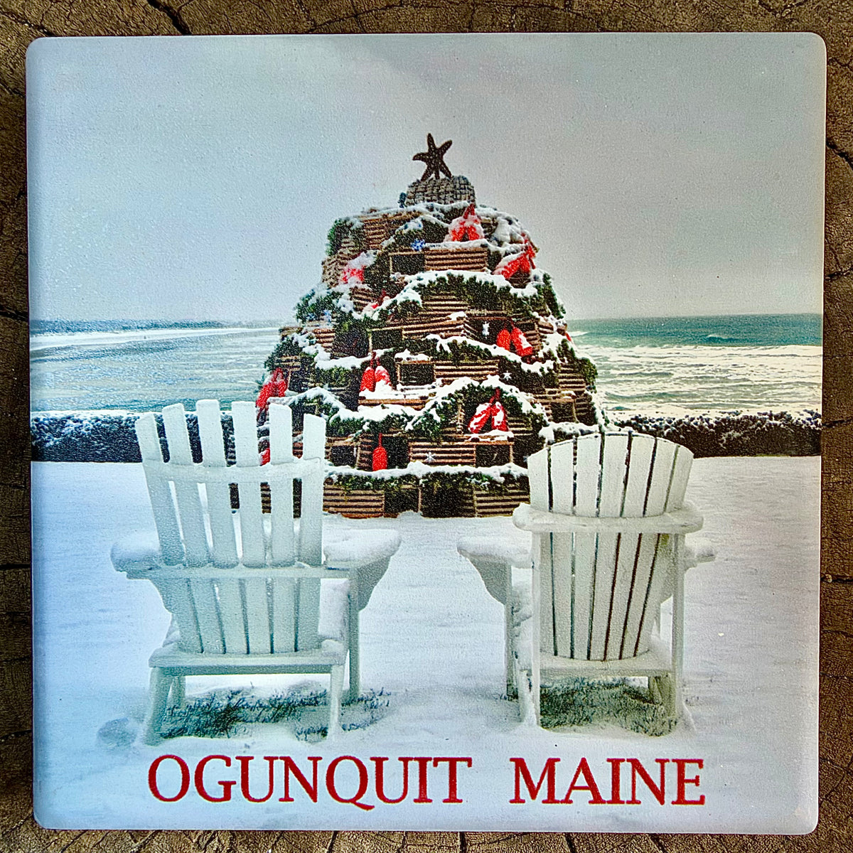Holiday Lobster Trap Tree Ceramic Coaster