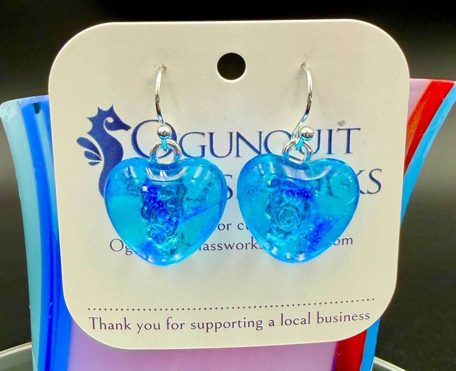Clear Blue Glass Heart Drop Earrings