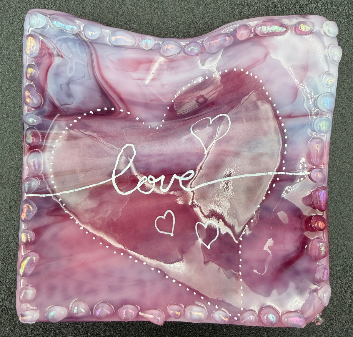 Square Fused Glass Heart Trinket Dish — Streaky Pink with Hand-Painted "Love"