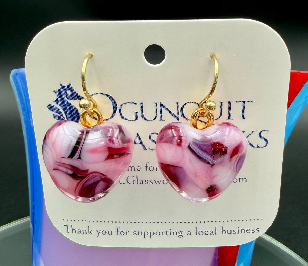 Strawberries and Cream Glass Heart Drop Earrings