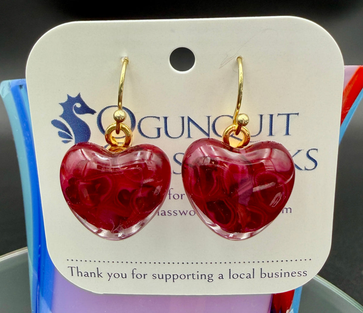 Deep Red Rose Glass Heart Drop Earrings