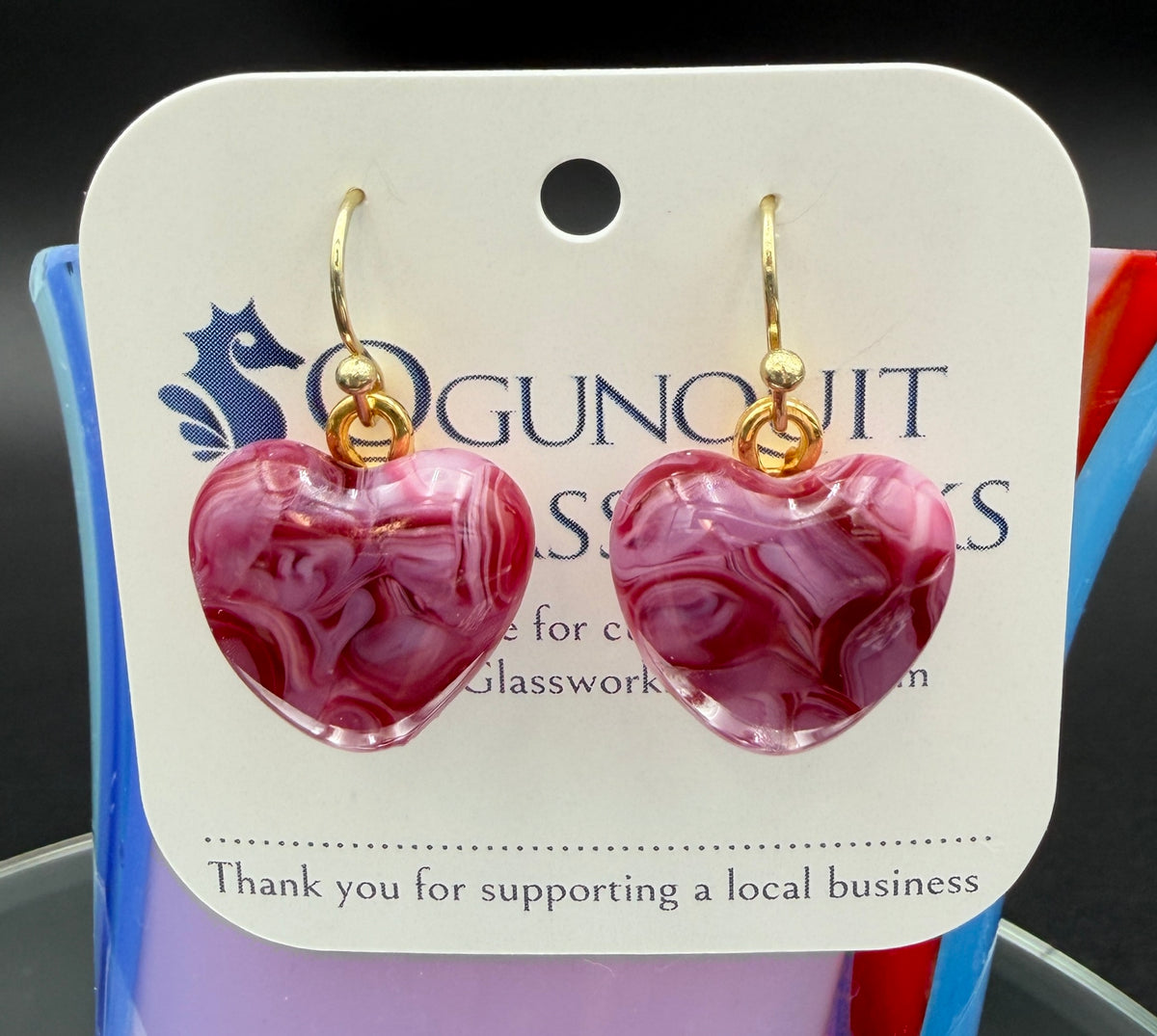 Raspberry Truffle Glass Heart Drop Earrings