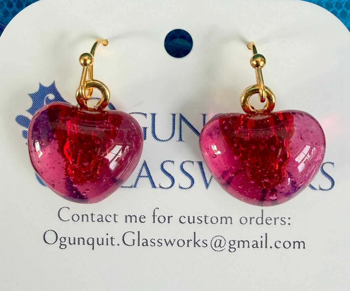 Berry Crush Pink and Red Glass Heart Drop Earrings