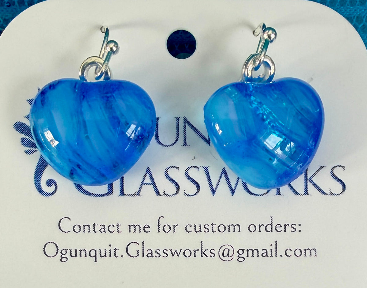Blue Swirl Glass Heart Drop Earrings