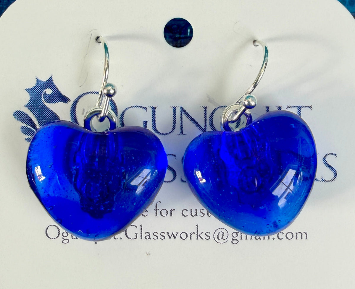 Deep Blue Sea Glass Heart Drop Earrings
