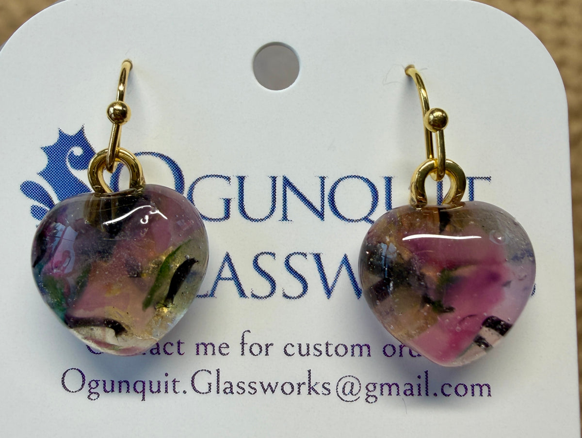 Watercolor Wildflower Glass Heart Drop Earrings