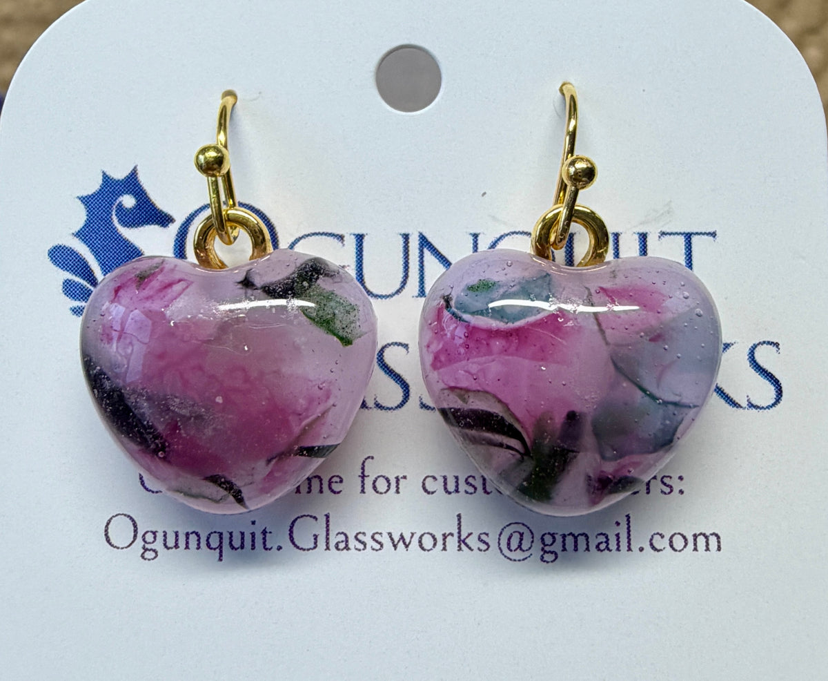 Watercolor Orchid Glass Heart Drop Earrings