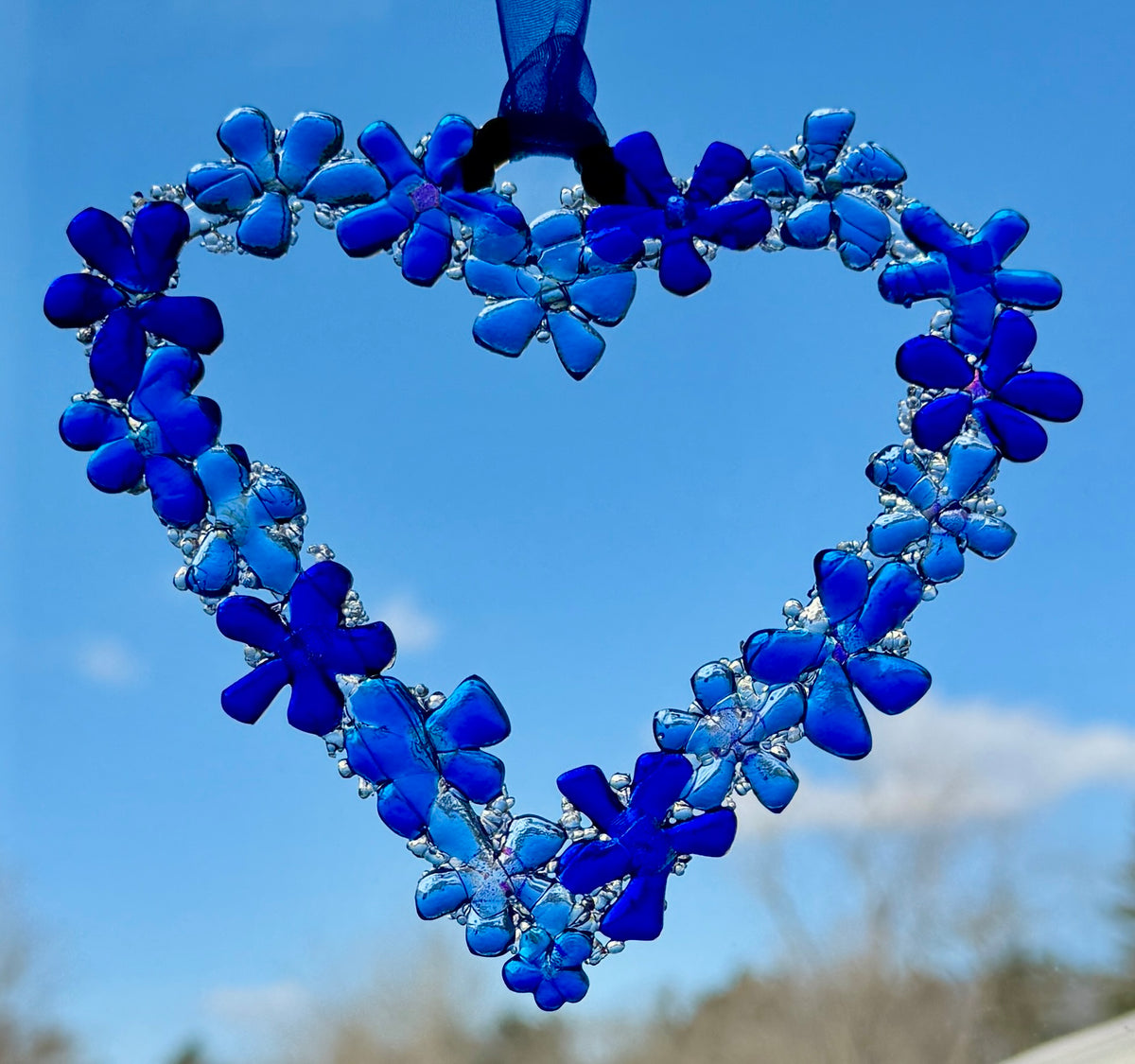 Blue Flower Glass Heart Suncatcher