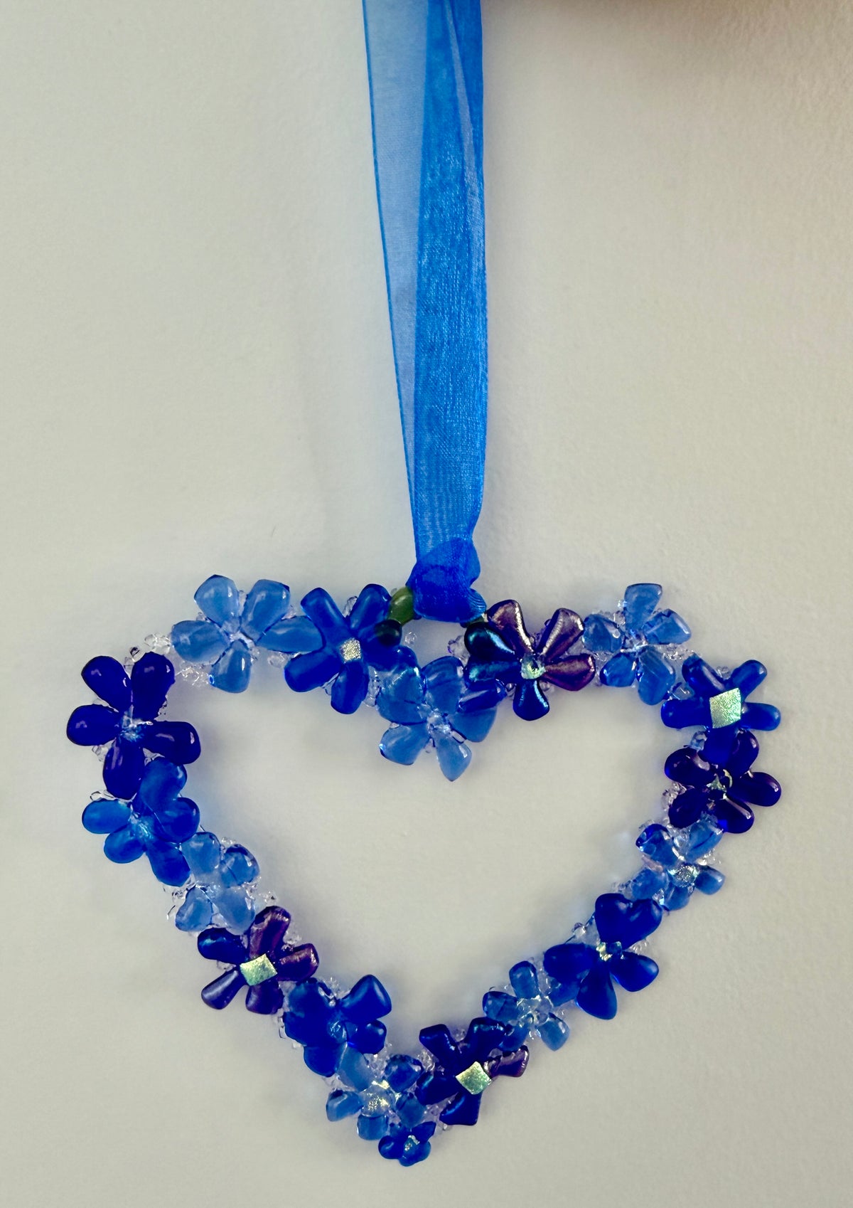Blue Flower Glass Heart Suncatcher