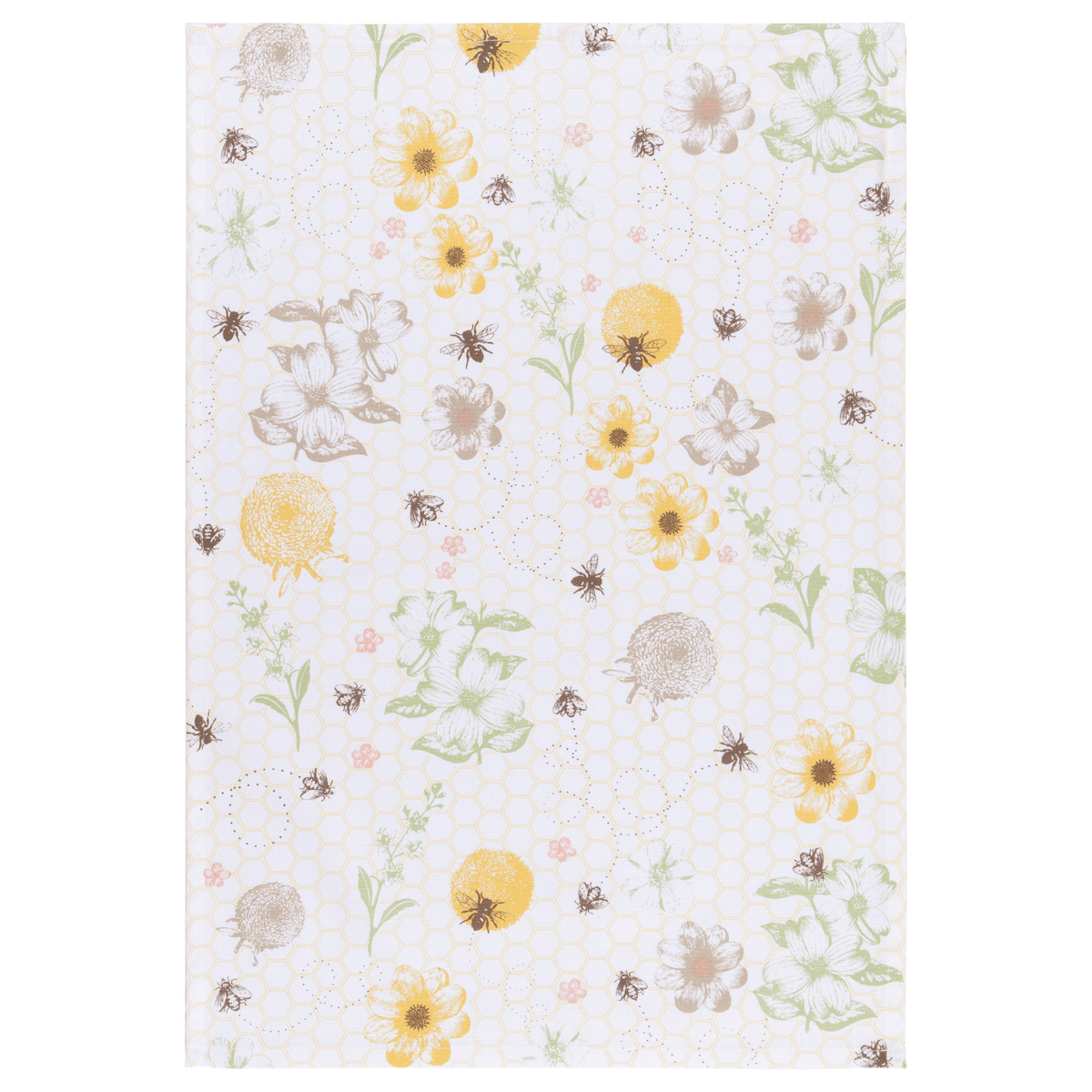 Floral pattern with sunflowers and bees on a white background