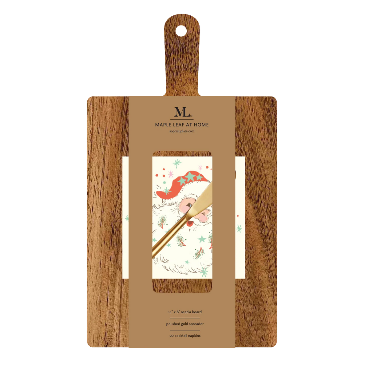 Vintage Santa Gift Set: Acacia Wood Handle Board with Gold Spreader and Vintage Santa Cocktail Napkins