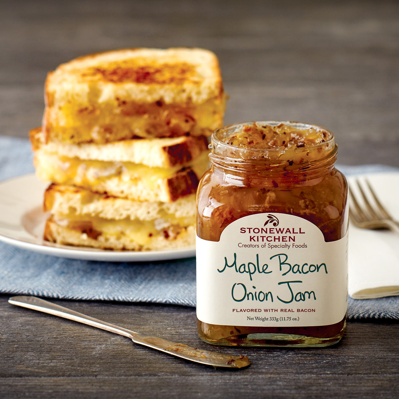 Photo shows an 11.75 oz. jar of Stonewall Kitchen Maple Bacon Onion Jam which is gluten free
