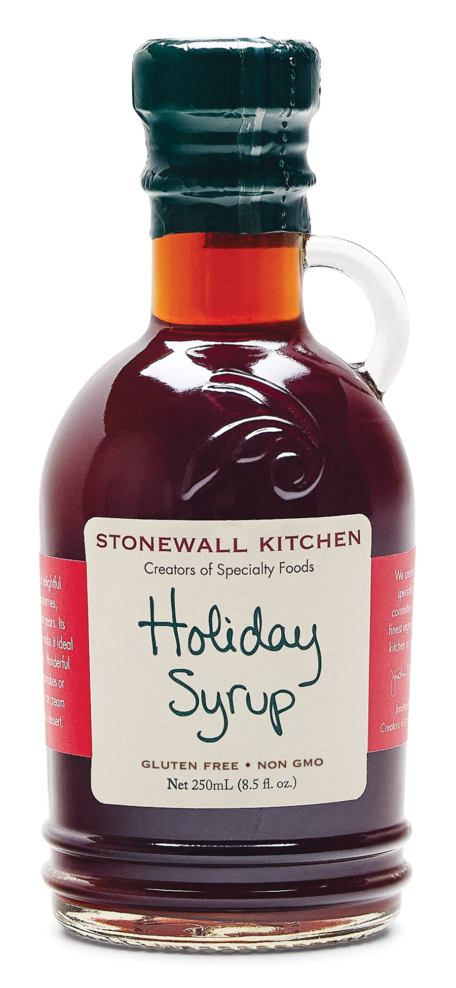 Photo shows a 8.5 fl. oz. bottle of Stonewall Kitchen Holiday Syrup