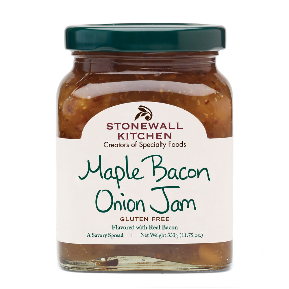 Photo shows an 11.75 oz. jar of Stonewall Kitchen Maple Bacon Onion Jam which is gluten free