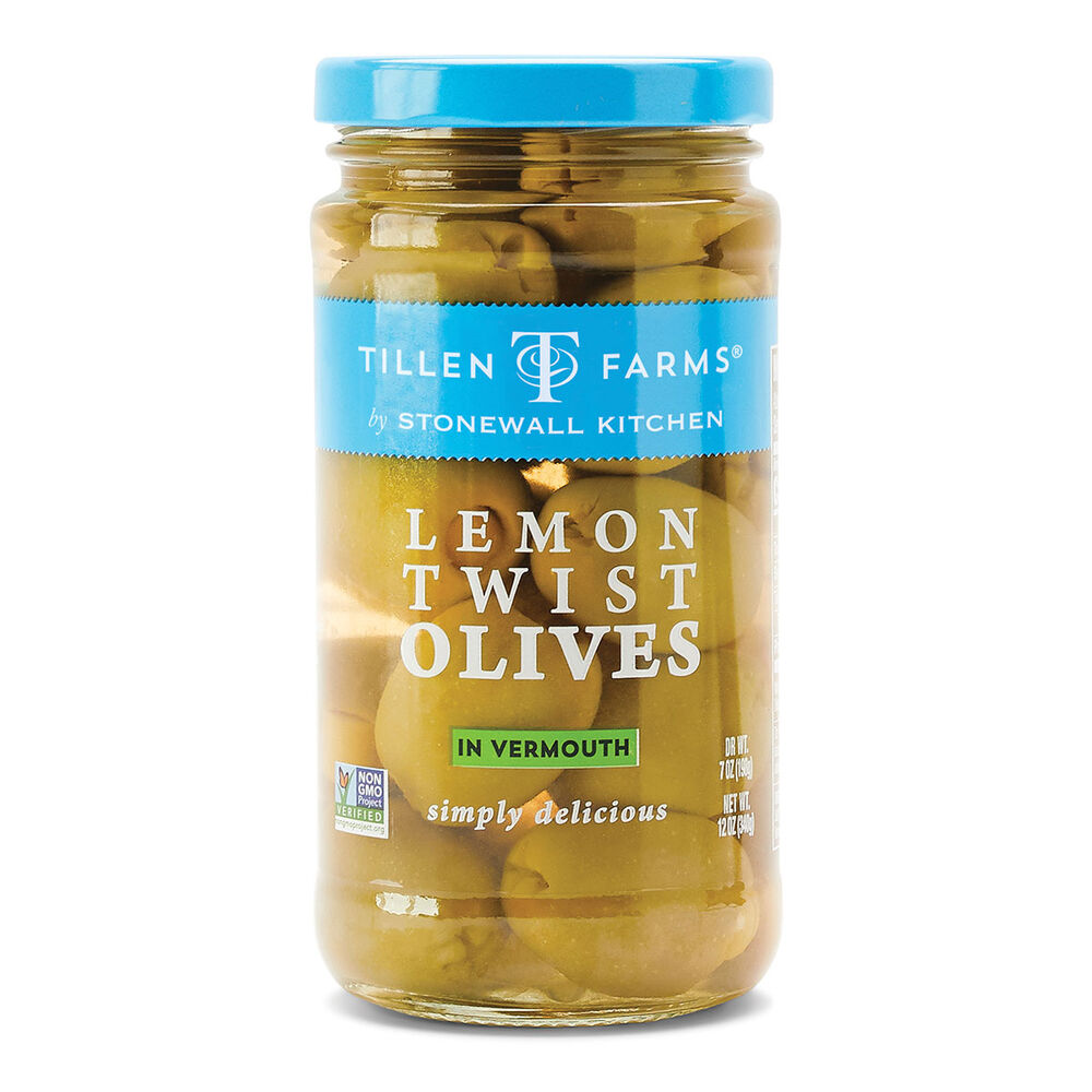 Jar of Tillen Farms Lemon Twist Olives on a white background