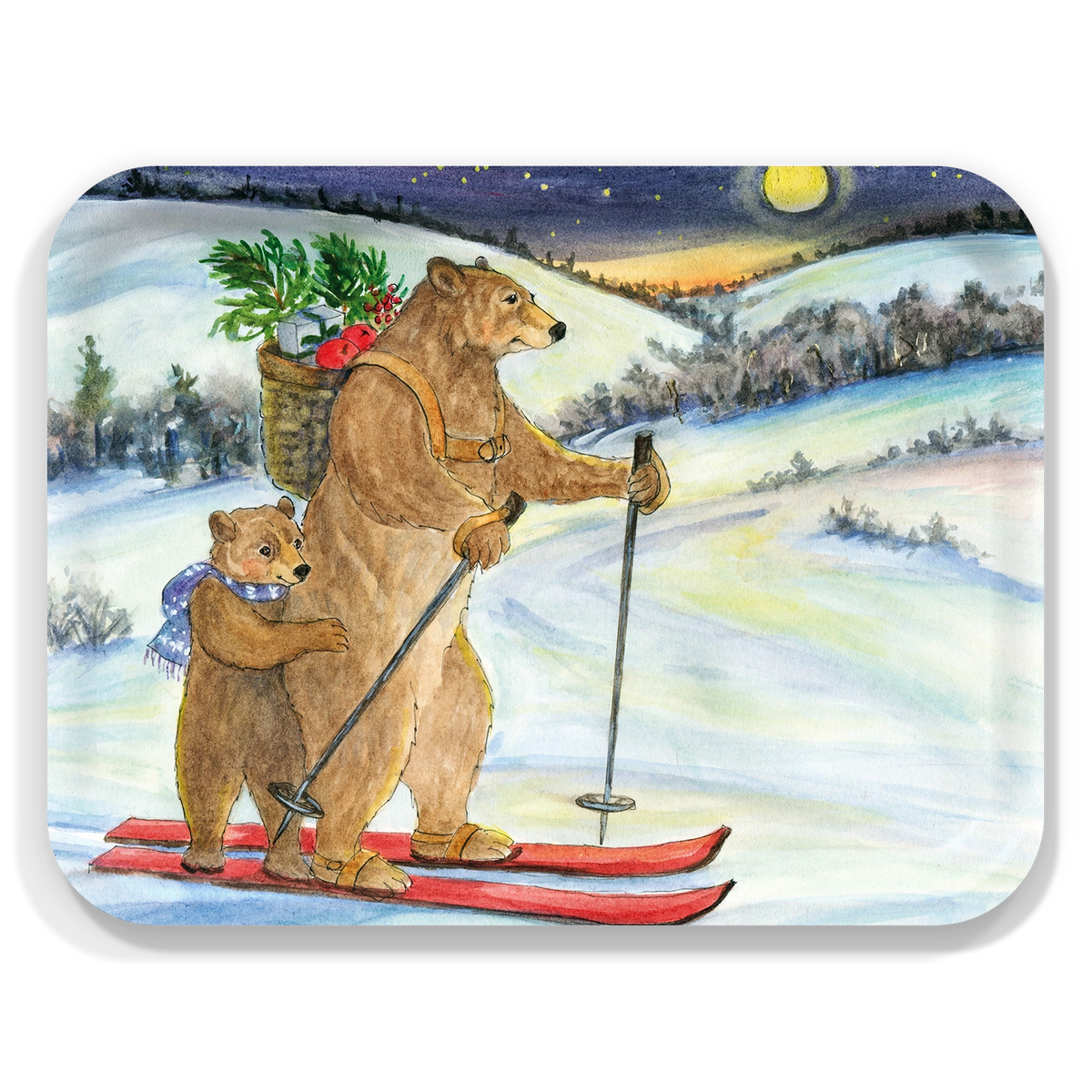 Skiing Bears Birch Wood Tray