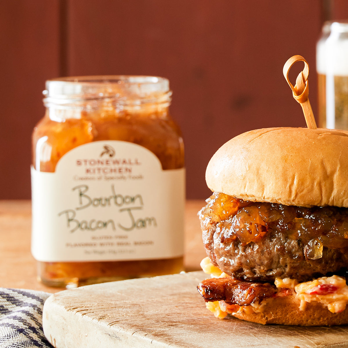 Juicy bacon cheeseburger with Stonewall Kitchen Bourbon Bacon jam spread on top