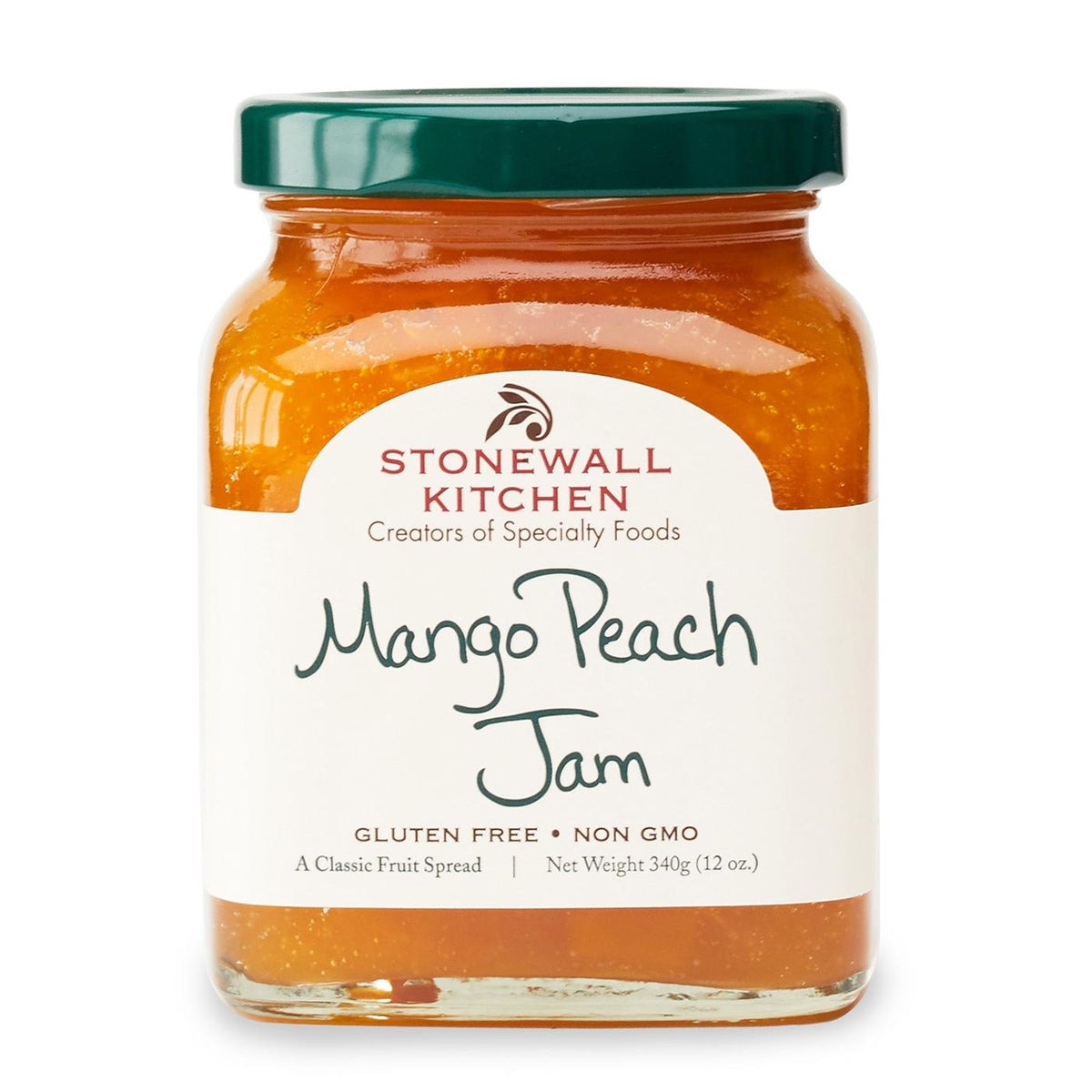 photo is a jar of stonewall kitchen mango peach jam 12 oz. made in maine