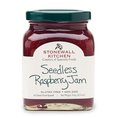 jar of Stonewall Kitchen seedless raspberry jam 12.5 oz. glass jar made in Maine