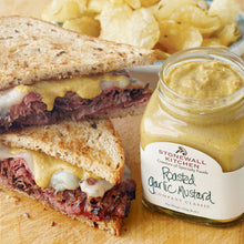 Load image into Gallery viewer, photo of pastrami and cheese sandwiches with stonewall kitchen roasted garlic mustard and a bowl of potato chips