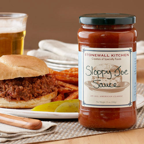 prepared Sloppy Joe Sandwich With A Glass Of Beer, Pickles, And A Jar Of Stonewall Kitchen Sloppy Joe Sauce
