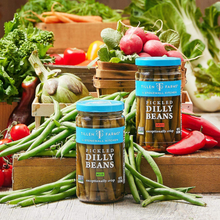 Load image into Gallery viewer, Two jars of Tillen Farms by Stonewall Kitchen Dilly Beans, one mild, and one spicy, in front of baskets of vegetables including green beans, tomatoes, radishes, eggplant, and peppers